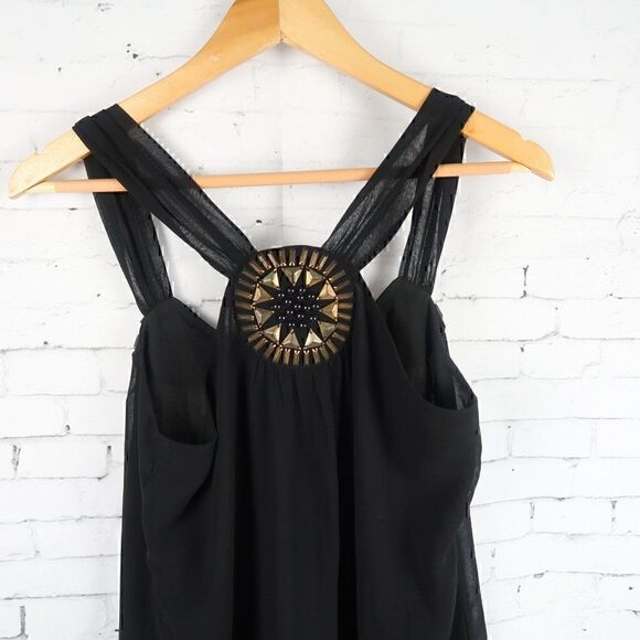 THEME BLACK SLEEVELESS SEMI SHEER MIDI DRESS WITH AZTEC BEADED DETAIL SIZE SMALL - Picture 8 of 9
